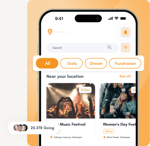 Assemble app screenshot showing event discovery, categories, and upcoming events
